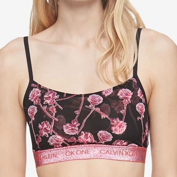 Calvin Klein Black & Pink Rose Floral Sparkle Band Backless Unlined Bralette - Picture 1 of 8